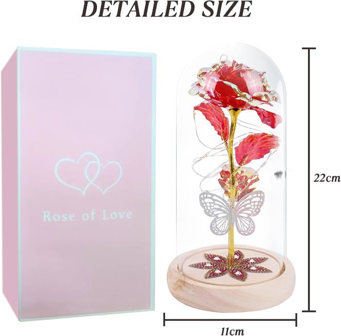 Rose Éternelle Sous Cloche Lumineuse – La Belle Et La Bête, Rouge Romantique Avec LED Rose Rouge éternelle