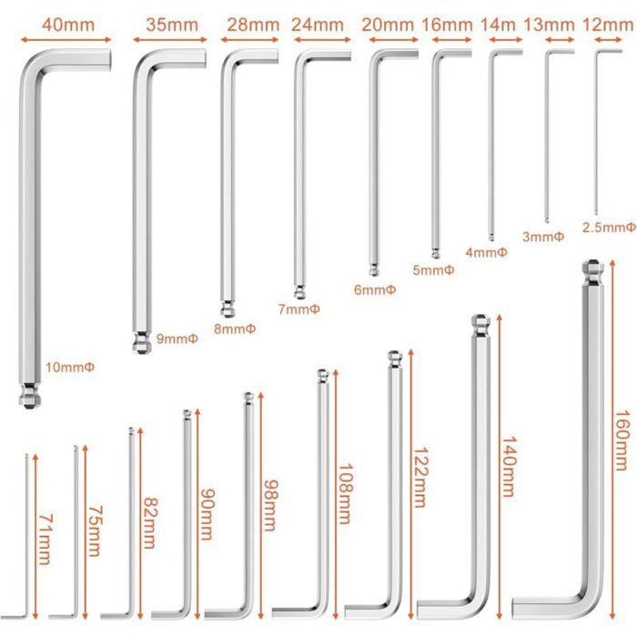CSPARKV 9 Pièces 1.5-10MM Clé Allen Sphérique, Coudées 6 Pans Métriques
