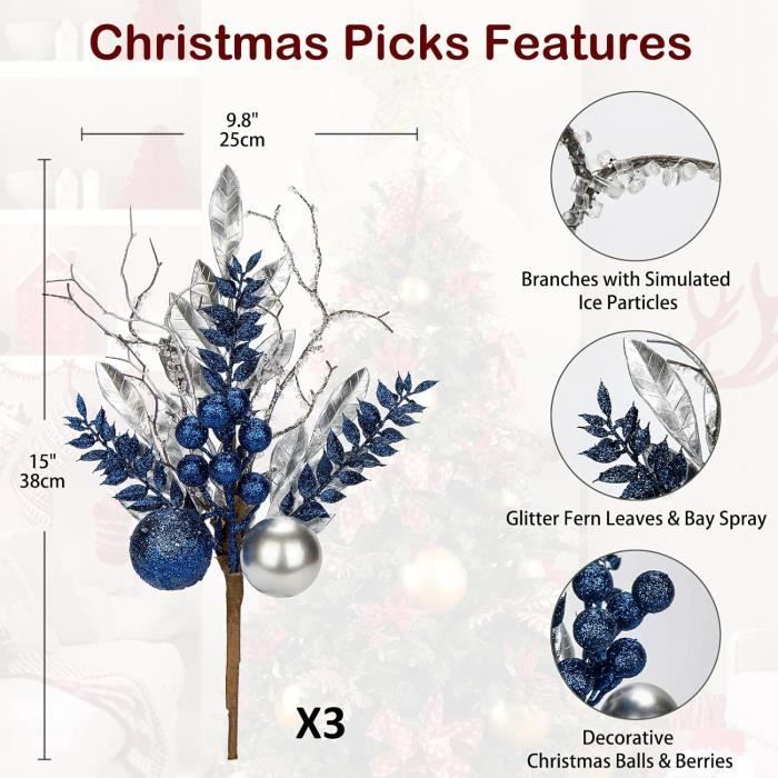 Ysleen Lot De 50 Pics à Paillettes Pour Sapin De Noël - Branches Artificielles Bouclées - 30,5 Cm - Pour Couronne De Noël, Vase - Décoration Cadeau (noir