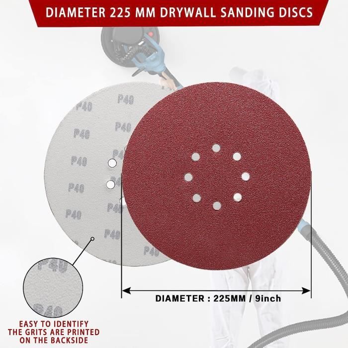 Disque Abrasif 225mm 8 Trous Papier Poncage Grain Mixte  40-60-80-120-180-240 pour Disque Ponceuse Murale (30pcs),[Z96]