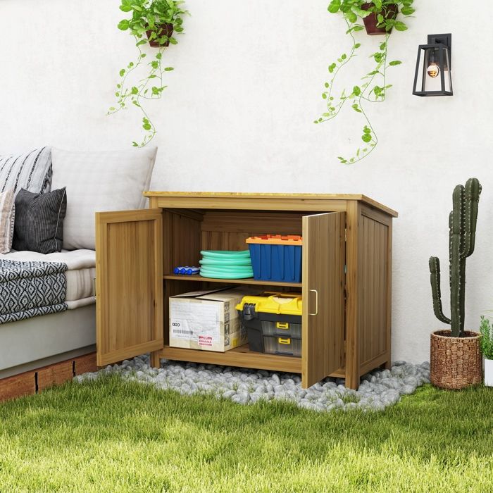 Armoire De Jardin Outsunny 80x45x92cm - Bois Massif Avec Plateau Métal - Rangement Extérieur