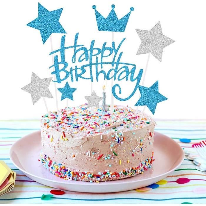 Happy Birthday Cake Topper, Bleu Gâteau Décoration d'anniversaire: Happy  Birthday Cake Topper, Bleu Gâteau Décoration d'anniversaire pour Enfants   Homme, Argent Étoiles Joyeux Anniversaire: publishing, Happy Birthday  Cake Topper: 9798531140791