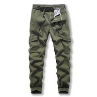 Pantalon Cargo en Coton Homme Multi-poches Taille Elastique Pantalon Coupe Droite Couleur Unie - Vert militaire