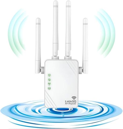 Répéteur WiFi Puissant-Amplificateur WiFi Jusqu'à 120m², WiFi Extender Sans Fil 1200mbps Dual Bande 24 Et 5ghz Avec Port Ethernet Mode Ap Wifi Booster Filaire Gigabit Configuration Via Bouton