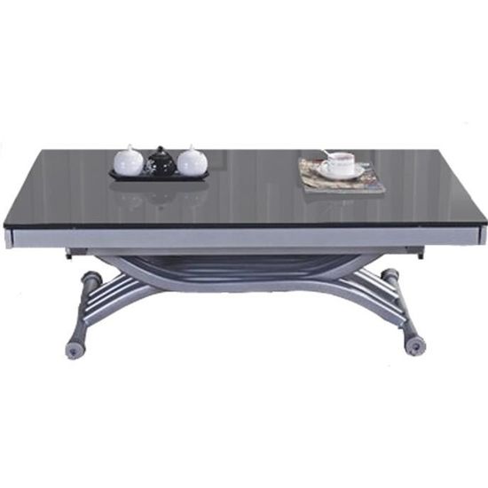 Table basse relevable - Zen - Plateau en verre gris - Hauteur réglable - Allonges latérales