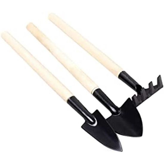 Kit De 3 Mini Outils De Jardin - Pelle, Râteau, Griffe - Poignée Bois, Pour Pots Et Bonsaï