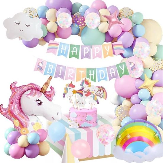 Lot de 104 décorations d'anniversaire licorne pour fille de 3 ans -  Décoration d'anniversaire pour enfant - Ballon 3ème anniversaire -  Décoration de fête - Guirlande de ballons licorne avec licorne 