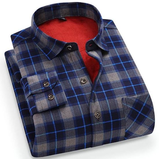 Chemise Hiver Homme Rayures Chaude Doublée Polaire Chemise Epaisse
