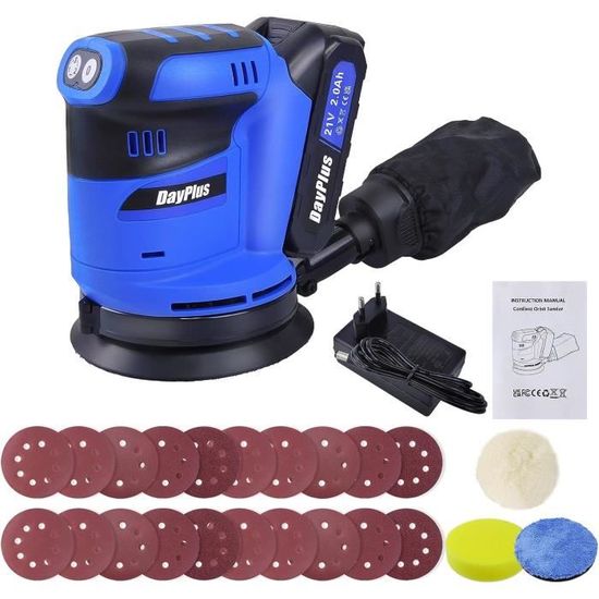 Ponceuse électrique Sans Fil 16,8V 3500 Tr/min | 2 Batteries 3,0 Ah, 36 Papiers Abrasifs P60 à P320 | Léger 0,7 Kg Pour Bois, Métal, Peinture