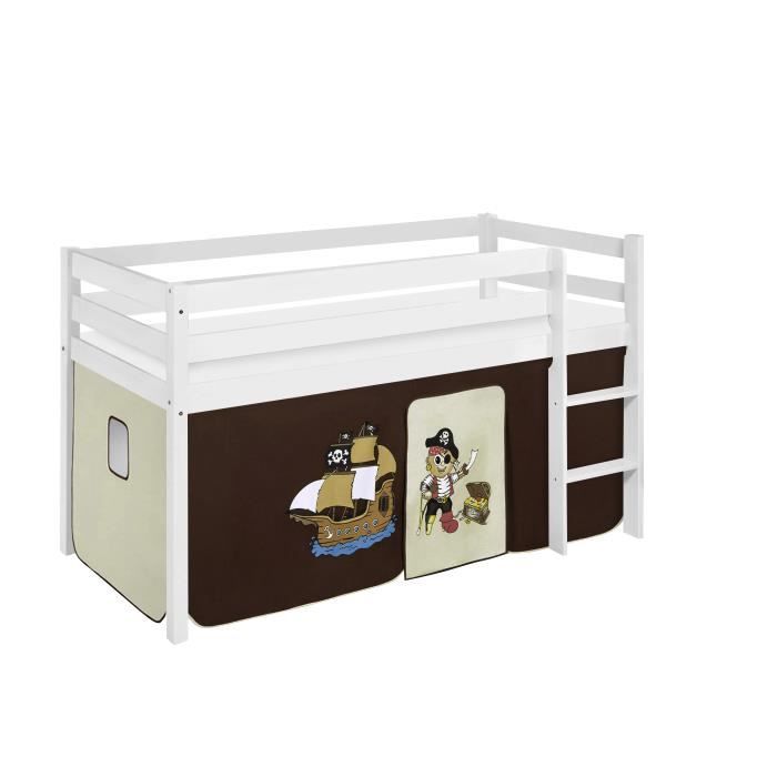 Lit surélevé ludique JELLE 90 x 190 cm Pirate marron beige - avec rideaux - LILOKIDS - blanc laqué