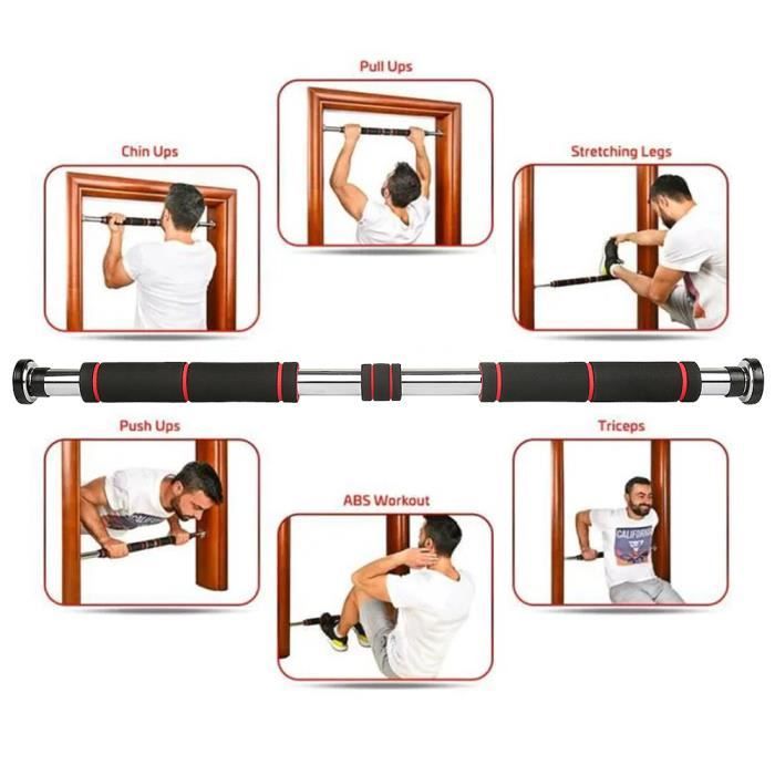 Yipeema Barre de Traction Réglable pour Porte de 80 à 130cm, Musculation facile, Acier inoxydable, Noir/rouge