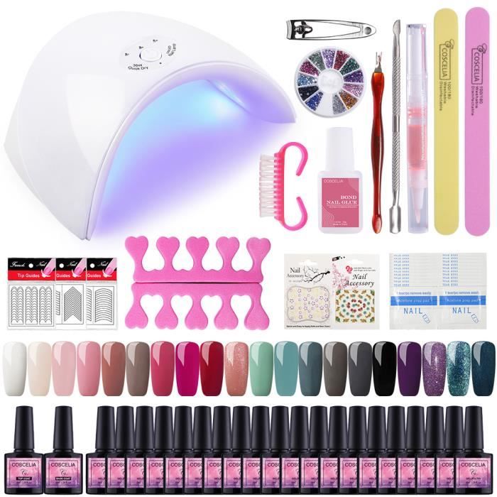 Kit 20 Vernis Semi Permanent 36W LED/ UV Lampe à Ongle Top Coat Limes Primer Nail Art Outils Décor Accessoires Manucure Coscelia