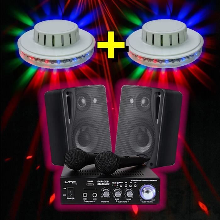 KARAOKE + 2 JEUX DE LUMIERE LED + AMPLI + ENCEINTES + 2 MICROS + USB BLUETOOTH MP3 PA-DJ STAR2MKII