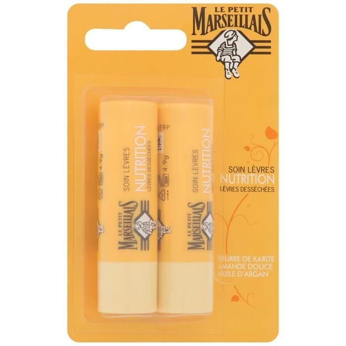 LOT DE 10 - LE PETIT MARSEILLAIS Nutrition Sticks soin lèvres au beurre de karité, amande douce et Argan 2 sticks