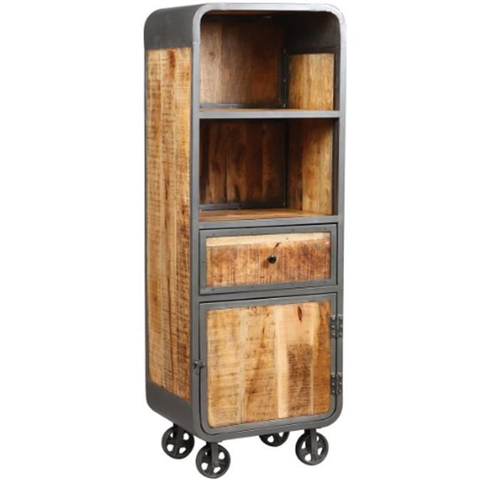 Meuble de rangement en acier brut et palissandre massif - Dim : L.60 x P.47 x Ht.170 xm