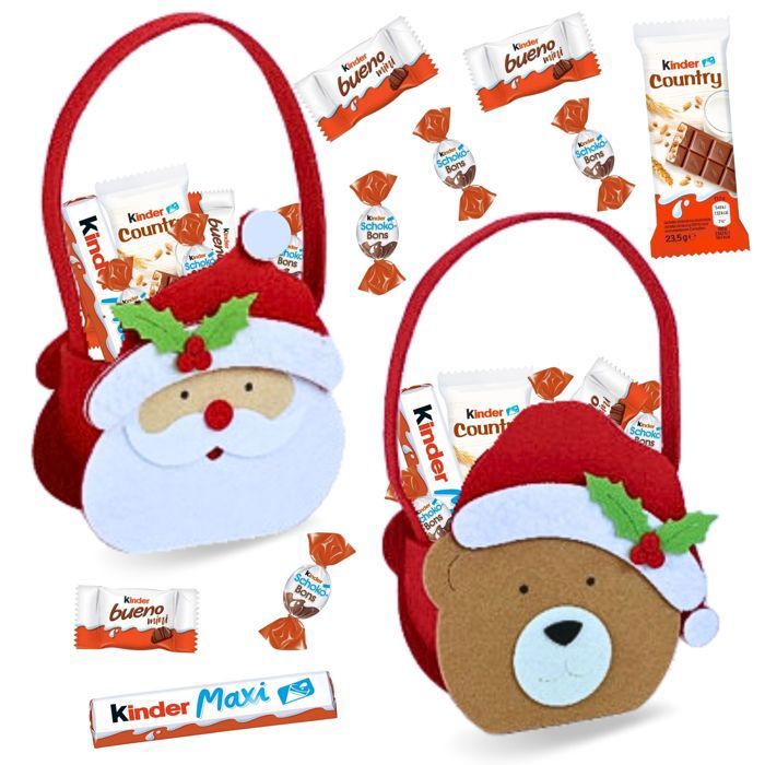 2 paniers Père Noël et Ours garnis de 30 chocolats de Noël et KINDER mini bueno