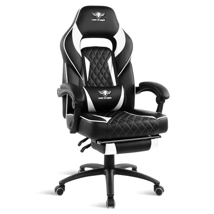Spirit Of Gamer – Mustang Series Blanc – Chaise Gaming - Simili Cuir capitonné  – Repose Pieds – Coussins– Inclinable 135°