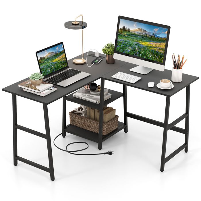 COSTWAY Bureau en Forme de ‘L’ avec Prises de Courant et Ports USB 120 x 120 x 75 cm Étagères de Rangement Cadre en Métal Noir COSTWAY Bureau en Forme de ‘L’ avec Prises de Courant et Ports USB 120 x 120 x 75 cm Étagères de Rangement Cadre en Métal Noir