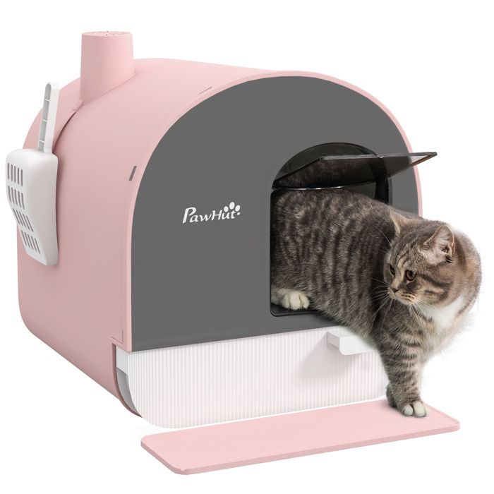 Meilleurs prix pour Maison de toilette bac à litière pour chat avec porte battante, pelle et filtre inclus dim. 43L x 44l x 47H cm PP rose