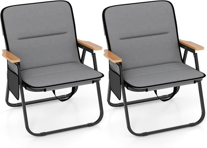 COSTWAY Lot de 2 Chaises de Jardin Pliables Coussin Amovible Poche Latérale Accoudoirs Charge 150 KG pour Porche Plage Gris COSTWAY Lot de 2 Chaises de Jardin Pliables Coussin Amovible Poche Latérale Accoudoirs Charge 150 KG pour Porche Plage Gris