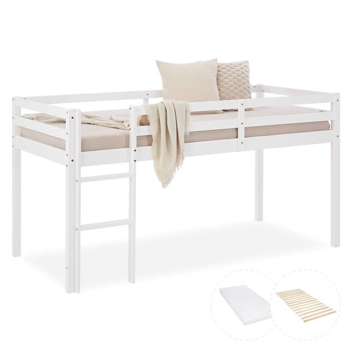Lit Haut Mezzanine Enfant 90x200 cm – Idéal pour Économiser de lEspace – Blanc avec Matelas Lit Haut Mezzanine Enfant 90x200 cm – Idéal pour Économiser de lEspace – Blanc avec Matelas