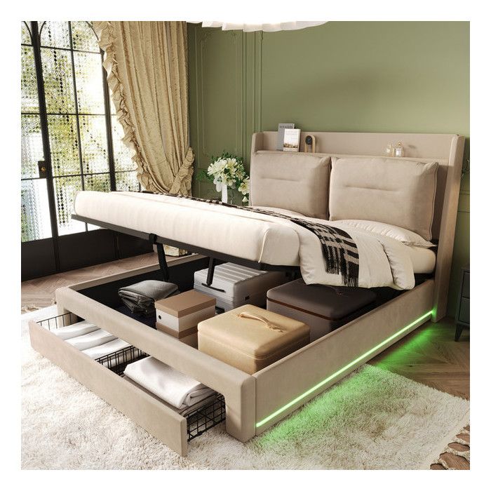 Structure de lit, Lit 140x190 cm, lit coffre 140 x 190 cm, LED, sommier à lattes, cadre de lit avec et tête de lit, Velours, Beige - Maison