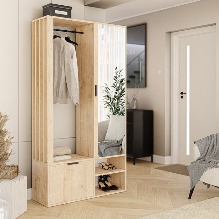 Vestiaire avec Miroir MILO - Porte-Manteau avec Meuble à Chaussures et Étagères - Chêne artisanal - 100 x 33 x 190 cm