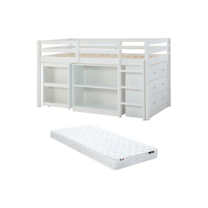 Lit combiné 90 x 190 cm avec rangements et bureau extensible - Pin et MDF - Blanc + Matelas - ABRENO Lit combiné 90 x 190 cm avec rangements et bureau extensible - Pin et MDF - Blanc + Matelas - ABRENO