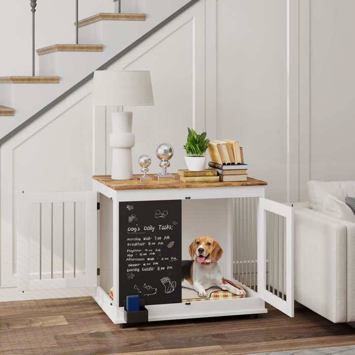 Meilleurs prix pour Cage pour chien cage chien intérieur avec 3 portes tableau noir pour chiens taille moyenne 20 kg 80 x 60 x 70 cm blanc