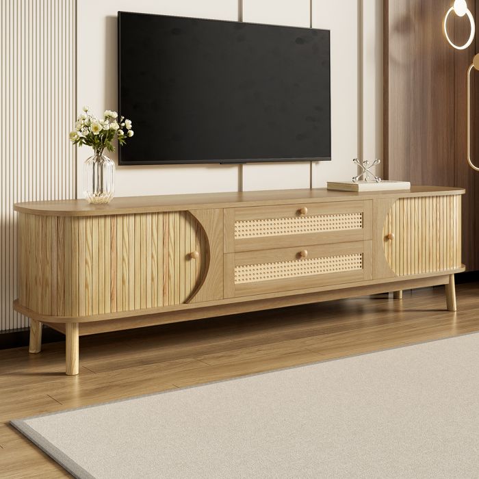 Meuble TV 170x39.5x46 cm - 2 tiroirs et 2 portes - Bois naturel - Rotin - MDF - Naturel