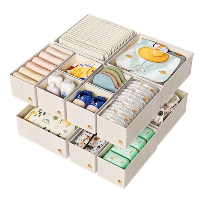Lot de 12 organisateurs de tiroirs pour chambre de bébé en lin pliable pour vêtements de bébé et armoire