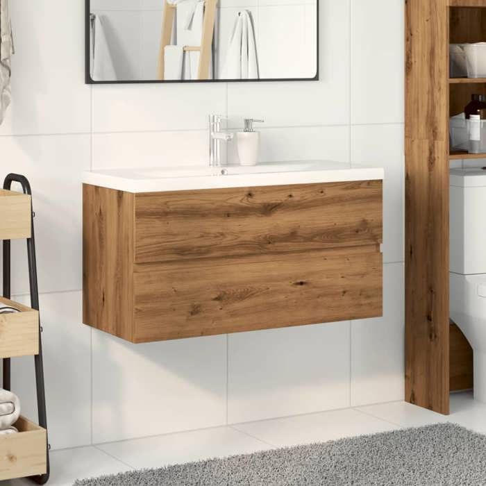Armoire lavabo avec vasque intégrée - vidaXL - Chêne artisanal - Bois dingénierie - 90x385x45 cm - Vasque céramique