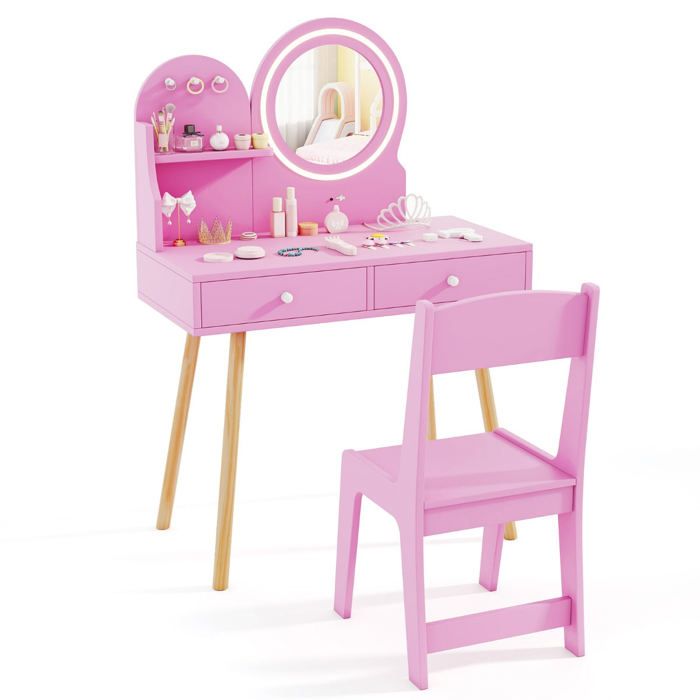 Coiffeuse enfant - HELLOSHOP26 - 70 x 34 x 101 cm - Miroir éclairé (2 modes) - Miroir PVC incassable - Rangements intégrés Coiffeuse enfant - HELLOSHOP26 - 70 x 34 x 101 cm - Miroir éclairé (2 modes) - Miroir PVC incassable - Rangements intégrés