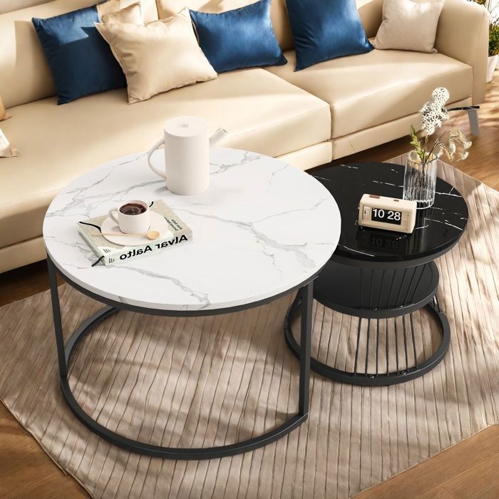 Tables Basses gigognes Set de 2 Table Basse Ronde en Imitation marbre et Pieds Métal pour Salon & Chambre Noir & Blanc