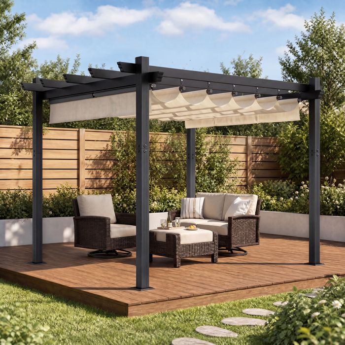 Pergola Jardin 3x3m Toit Ouvrant Réglable à Fermeture Magnétique Structure Aluminium Stable avec Fixations Vis dExpansionBeige