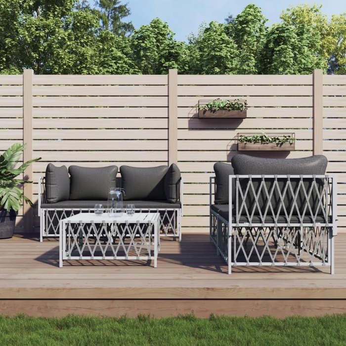 NEW 2026 Salon de jardin lot de 5 Meuble pour 4 personnes avec coussins blanc acier 72x72x66 cm S1688