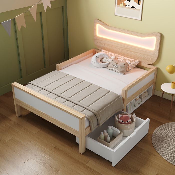 Lit enfant simple - MERAX - Tête de lit chat LED 90x200 - Tiroir modulable gauche/droite - Blanc & chêne