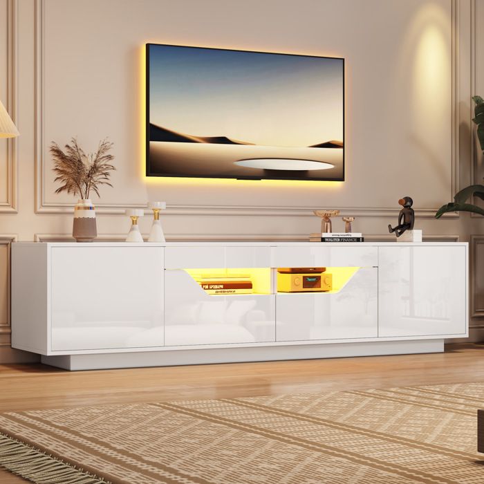 Meuble TV blanc laqué avec LED 2 tiroirs et 2 placards