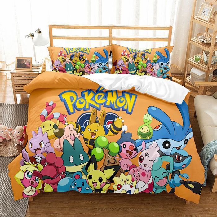 Pikachu parure de lit 240x260cm polyester 3D housse de couette famille 2 taies doreiller 65x65cm résistante
