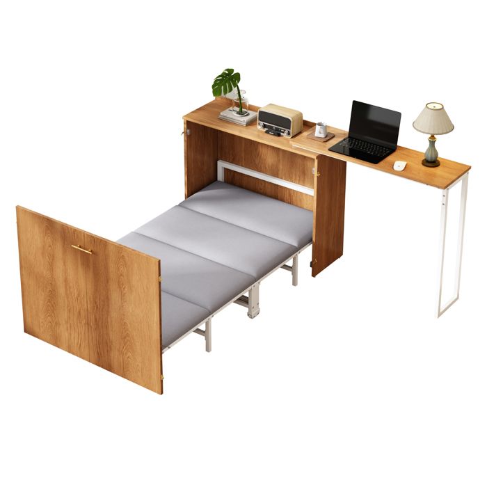 ULEVR Lit escamotable avec bureau rotatif 90x200 cm - matelas inclus et roulettes pour petits espaces bois naturel