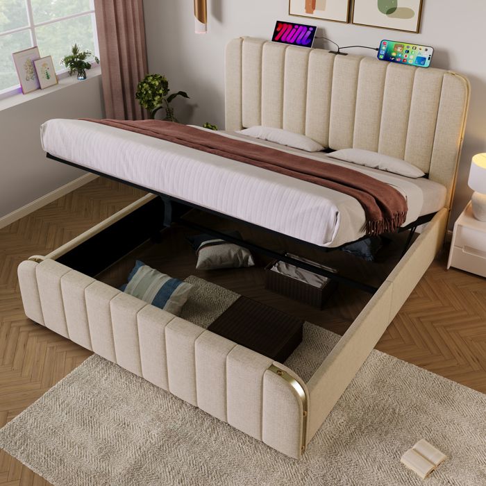 Lit coffre 160x200 cm avec rangement hydraulique ports USB/Type-C sommier à lattes lin beige