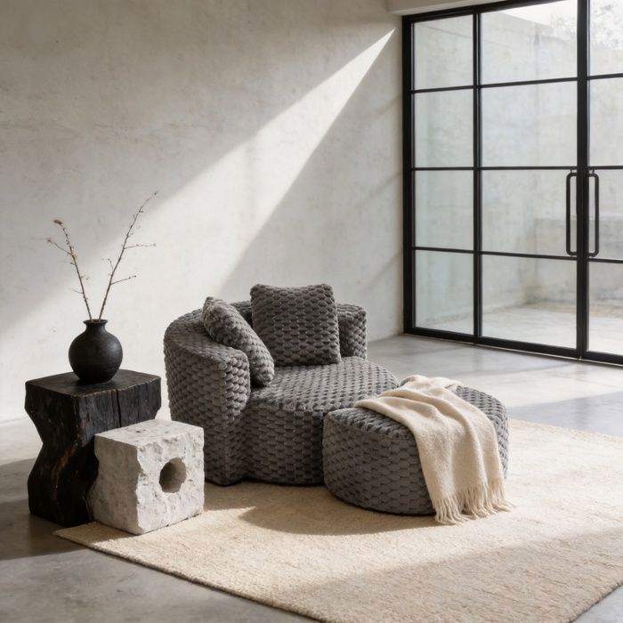 Canapé Compressé Monoplace avec pouf en Velours côtelé Gaufré Gris - Rembourrage épais en Mousse HR - Pour Salon et Coin Lecture