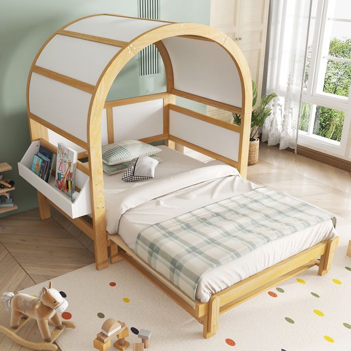 Lit cabane enfant 140×200 cm extensible avec couchage coulissant et tablette - TCQPZ - sans matelas bois blanc et naturel