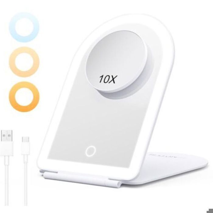 Miroir Maquillage Lumineux Portable avec Grossissant 10X Miroir à Coiffeuse LED Tactile Réglable - Éclairage 3 Couleurs USB Recha