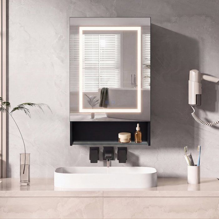 Armoire Miroir Salle de Bain NoirLED 3 Couleurs Tactile et Anti-BuéeÉtagères Verre Réglables+Étagère Basse en VerreDesign Moderne