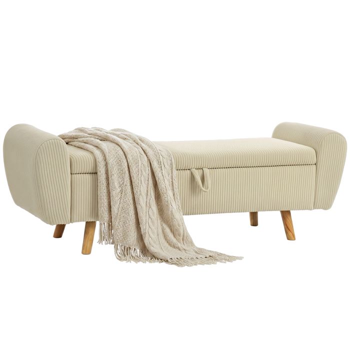 Banc coffre de rangement - HOMCOM - accoudoirs - pieds en bois dhévéa - velours côtelé - 150 x 45 x 51 cm - beige