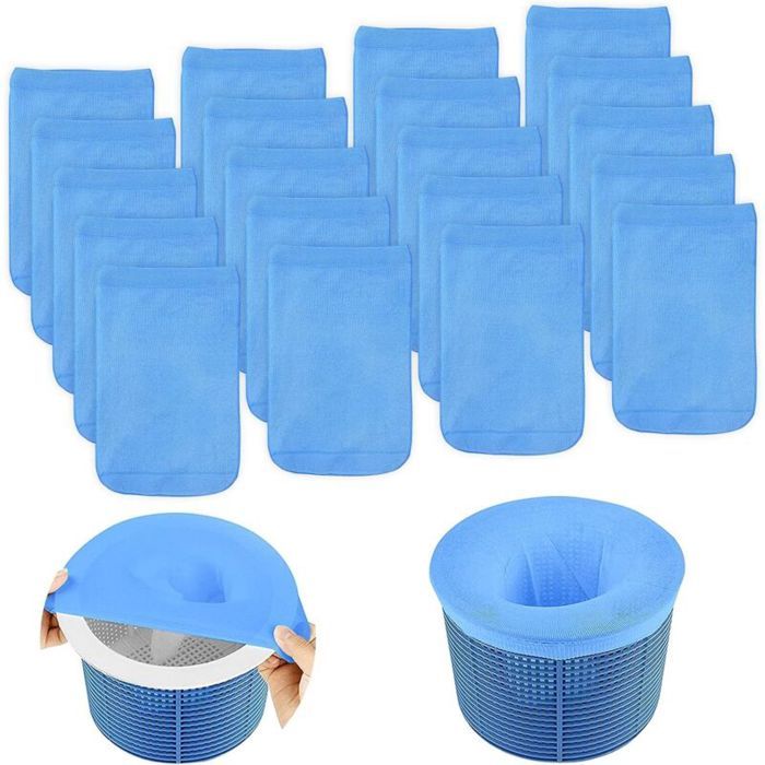 Chaussettes Skimmer Piscine 20 pcs – Nylon Élastique Préfiltre pour Panier Écumoire Bleu