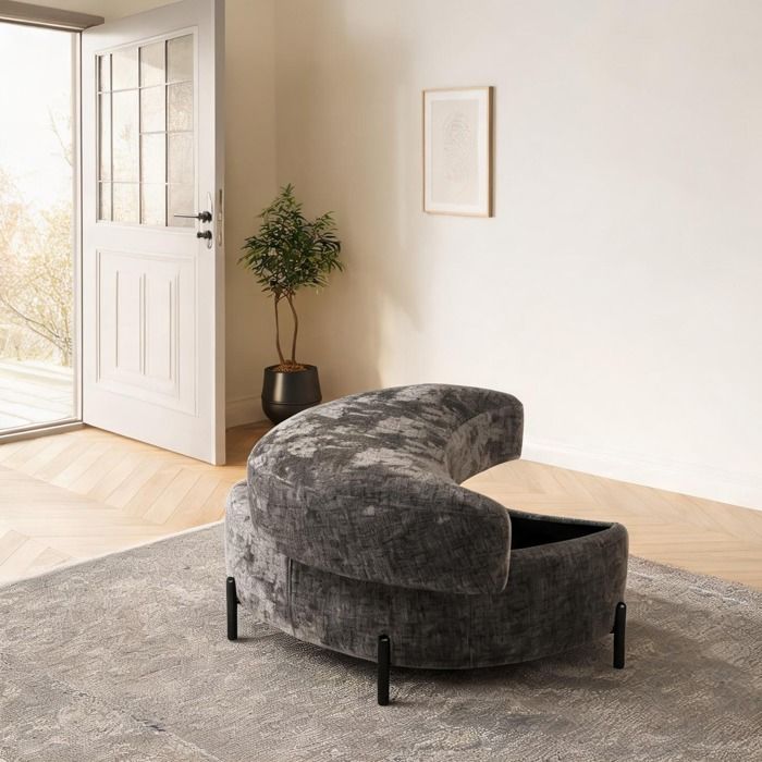 Pouf de rangement demi-lune en chenille slate gray avec plateau cachette secrète pour salon ou entrée