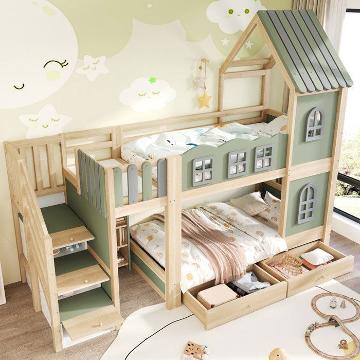 Lit superposé enfants 90x200 avec escalier de rangement étagères et tiroirs Lit mezzanine 2 places lit pour garçons et filles vert