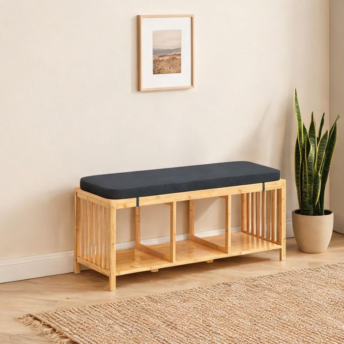 Banc de rangement à chaussures en bambou clair naturel assise rembourrée lin 3 niches ouvertes style épuré 102 cm